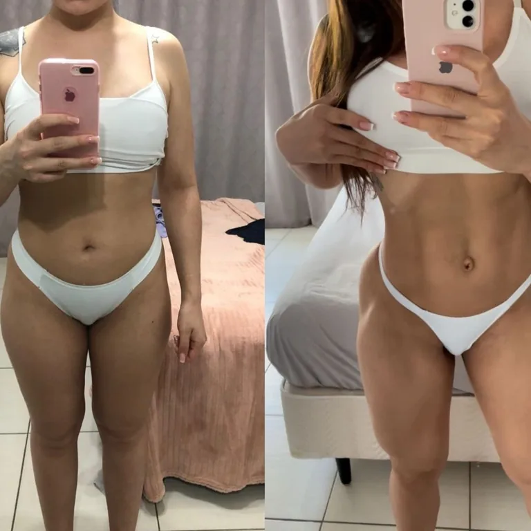 Transformação — 8 meses (mesmo peso, físico totalmente diferente)